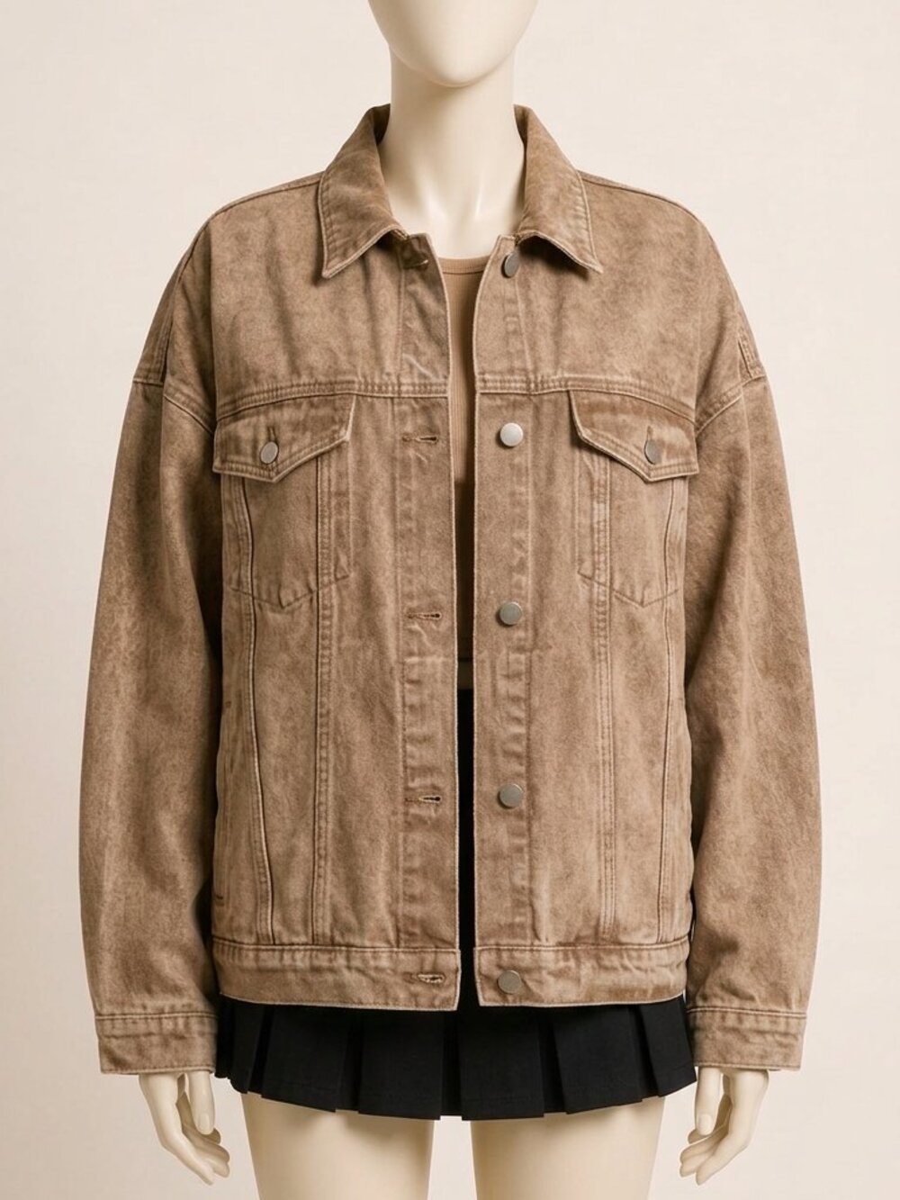 Younger Fashion Women's Brown Denim Jacket Button Front Drop Shoulder Long Sleev